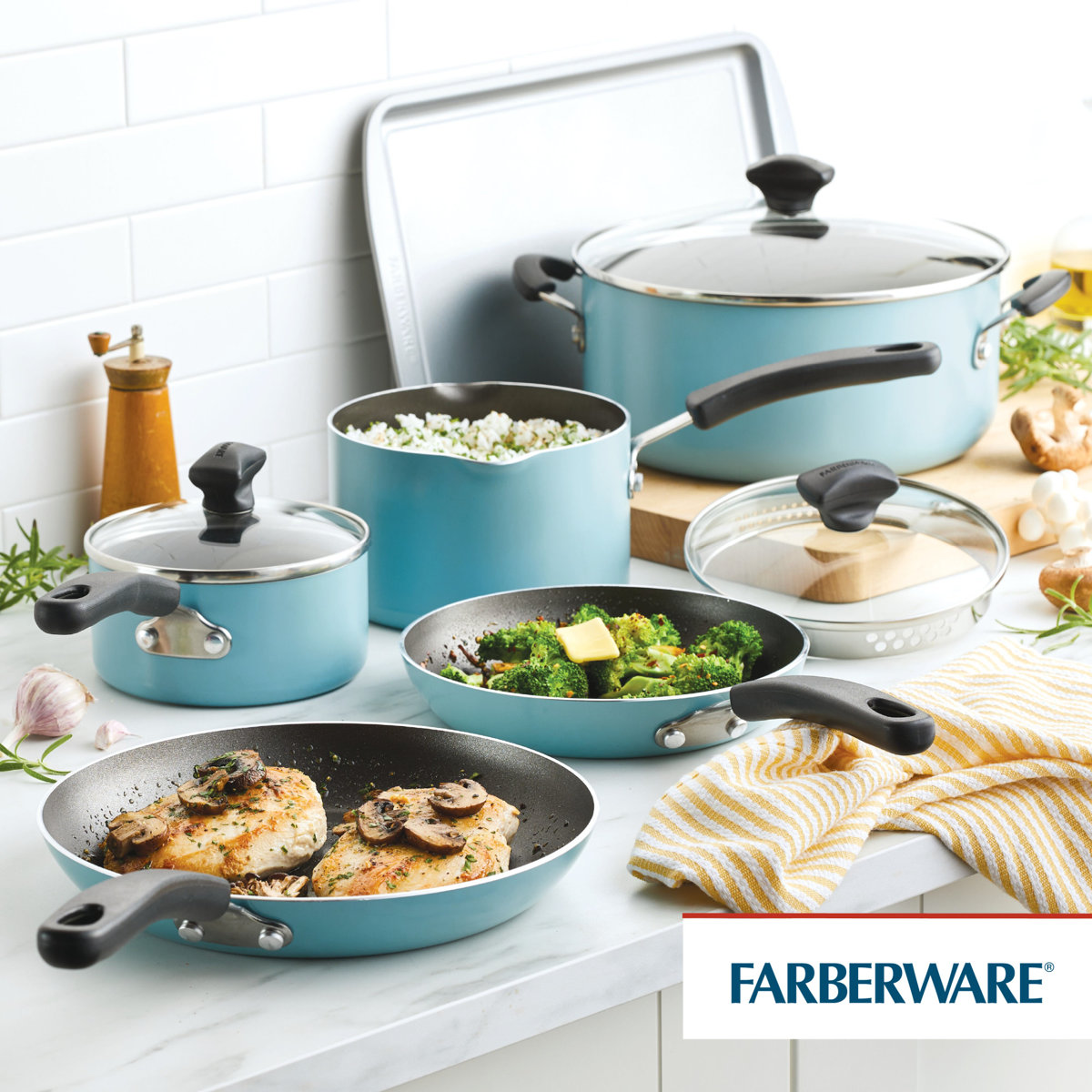 Farberware Cookstart Aluminum DiamondMax Nonstick Cookware Set, 15-Piece, Aqua